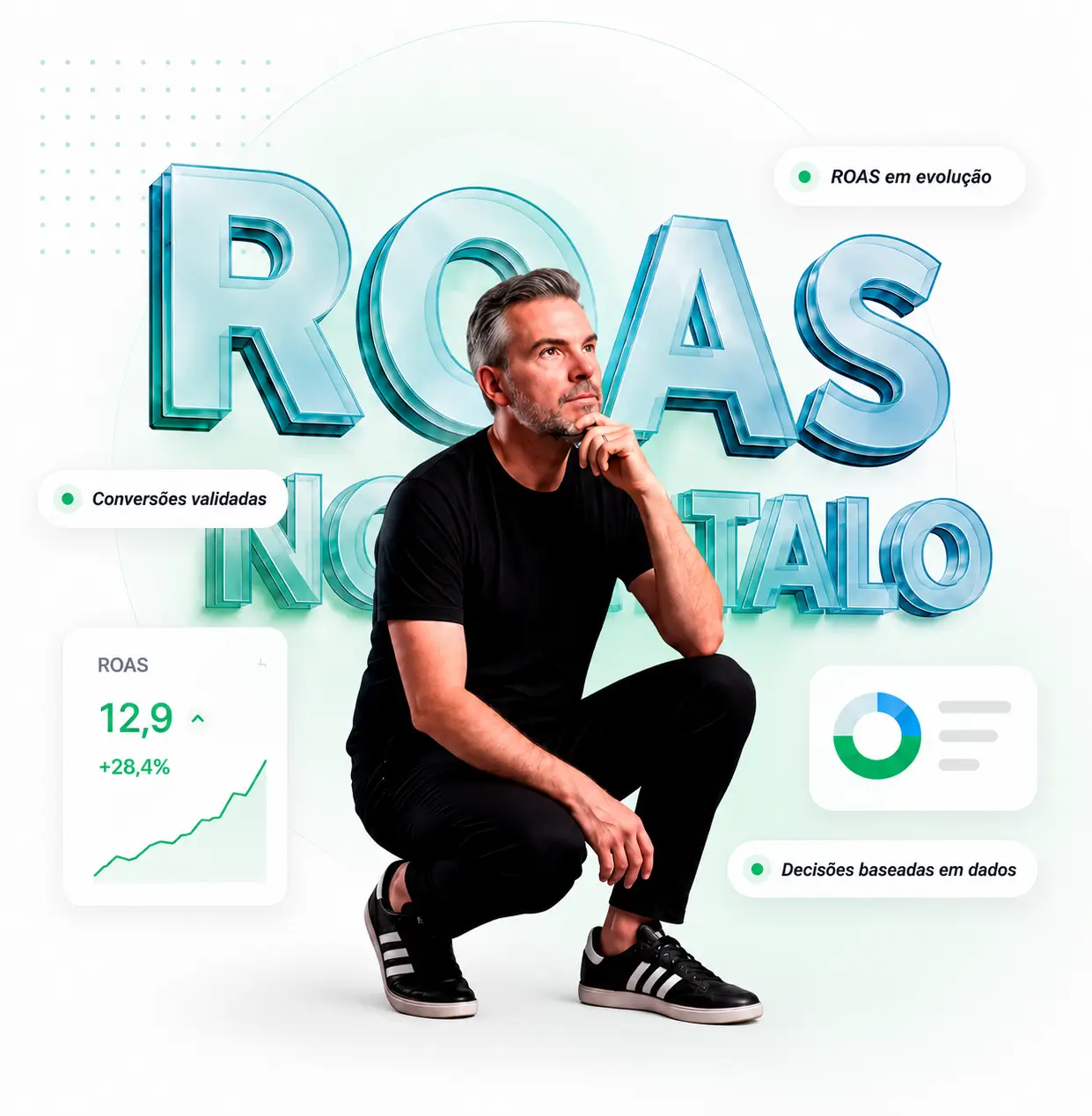 Daniel Bogo, gestor de tráfego pago, ao lado da expressão ROAS